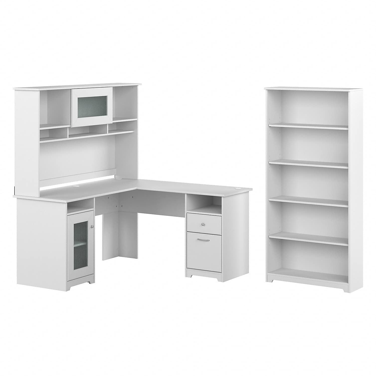 Bush Furniture Cabot 60W L Shaped Computer Desk with Hutch and 5 Shelf Bookcase in White