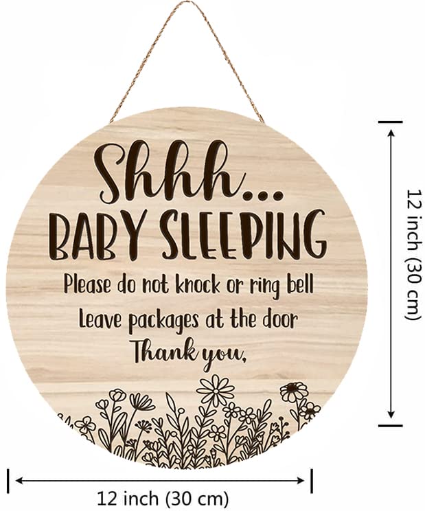 Shhh... Baby Sleeping Hanging Sign Plaque, Do Not Knock Or Ring The Bell, Round Sturdy Wooden Door Hanger For Baby Room, Nursery