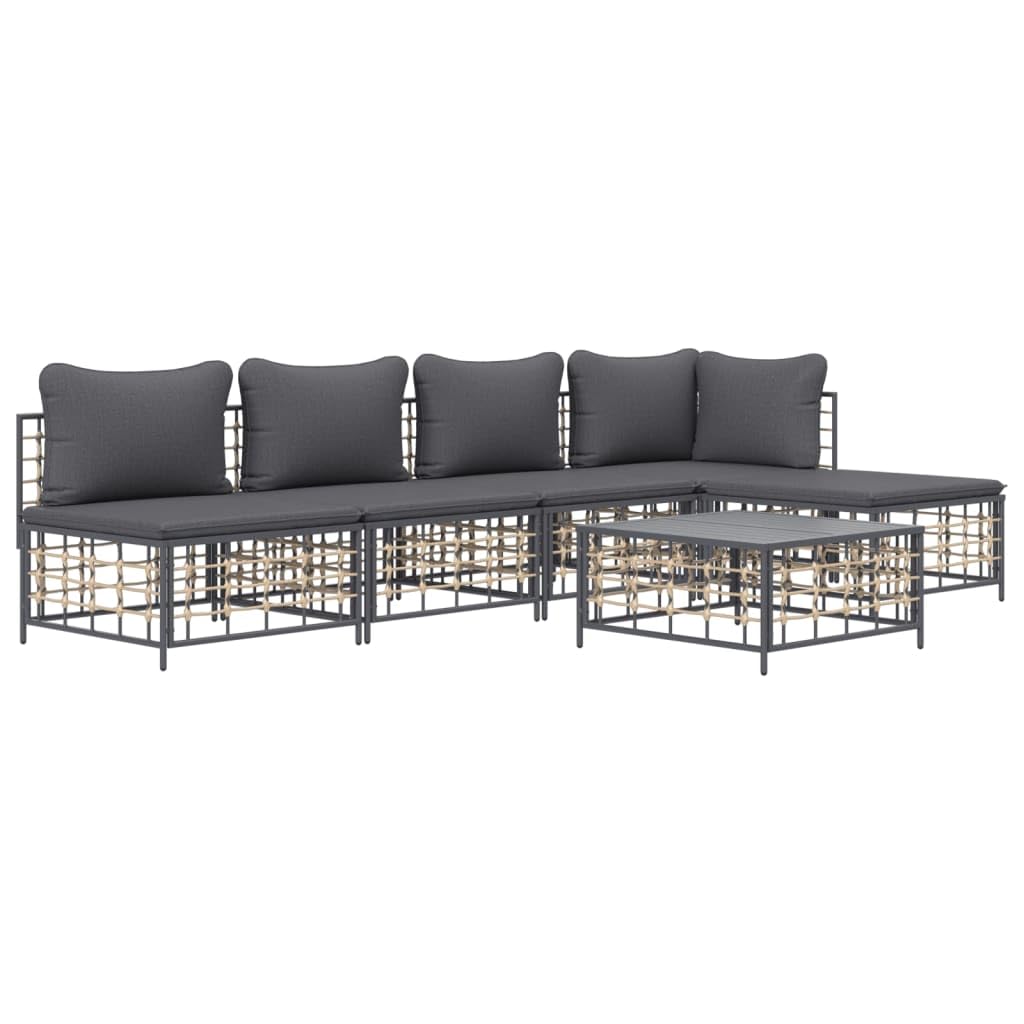 vidaXL 6-Piece Patio Lounge Set with Cushions - Poly Rattan Anthracite with Dark Grey Cushions - Outdoor Sofa with Steel Frame and Table, Ideal for Gardens, Patios and Terraces