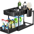 Homzica 2Tier Sliding Storage Rack Under?Sink,4 Hooks Multipurpose Bath Collection Basket With Cup Holder,Adjustable Storage For