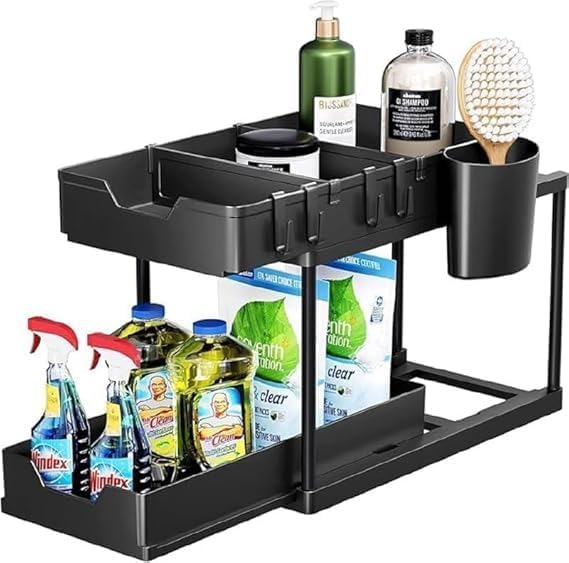 Homzica 2Tier Sliding Storage Rack Under?Sink,4 Hooks Multipurpose Bath Collection Basket With Cup Holder,Adjustable Storage For
