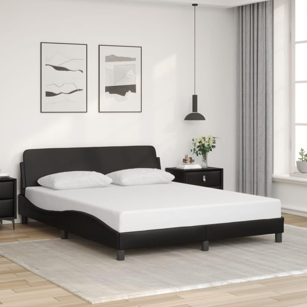 vidaXL Bed Frame with Headboard Black Queen Faux Leather 85.8"x61.8"x29.3" Stylish Modern Faux Leather Bed with Plywood Slats and Sturdy Legs