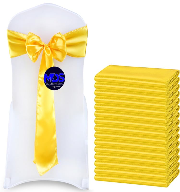 Mds Pack Of 10 Pcs Satin Chair Sashes Charmeuse Sateen Dining Chair Bows Ribbon Ties Back Sash For Wedding Party Birthday Home Hotel Restaurant Banquet Decoration (7 X 108 Inch, Yellow Gold)