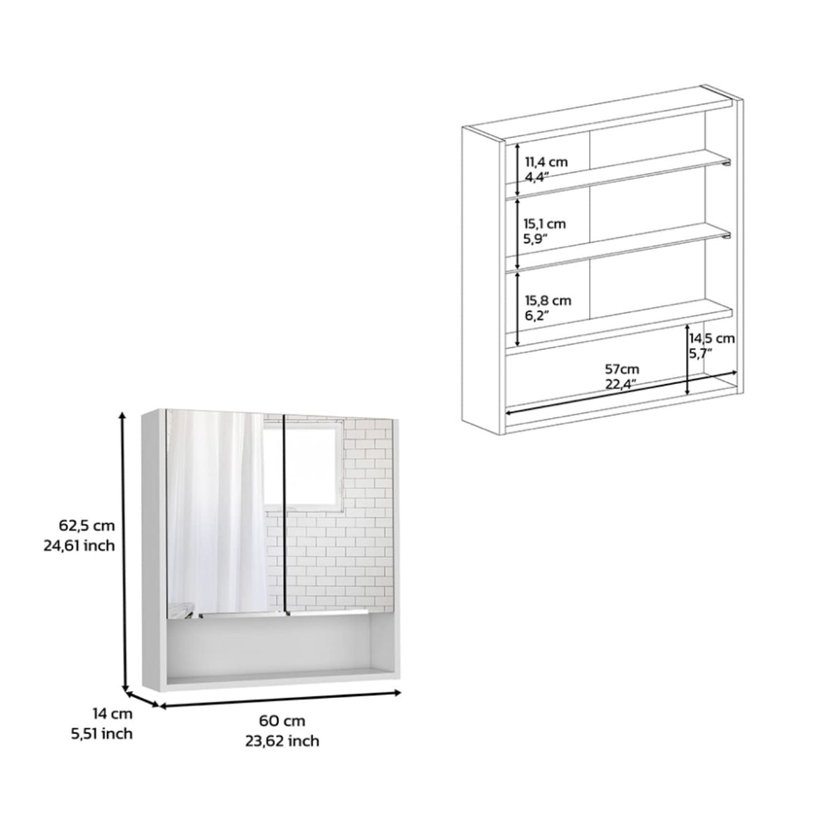 Tatacoa 25-inch Tall Double Door Mirror Cabinet with Open Shelf, and 3 Interior Shelves, White
