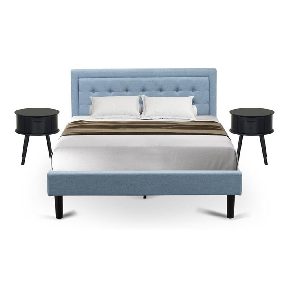 East West Furniture FN11Q-2GO15 3-Piece Platform Bed Set with 1 Mid Century Bed and 2 Small Nightstands - Reliable and Durable Manufacturing - Denim Blue Linen Fabric