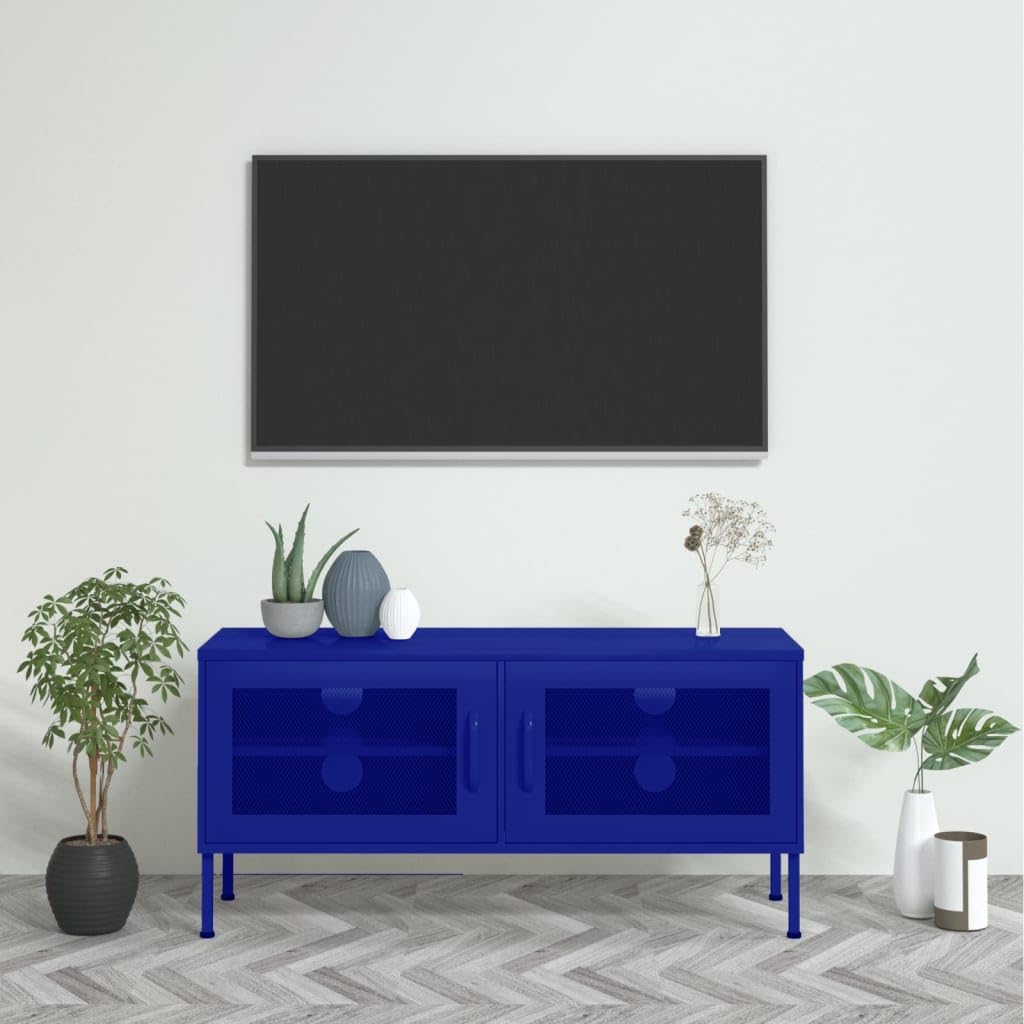 vidaXL - Industrial Style TV Stand in Navy Blue, Steel Construction, Ample Storage with Shelf and Mesh Doors, Cable Management Feature