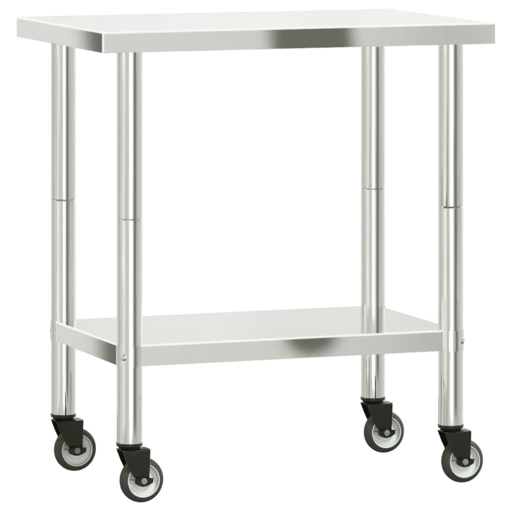 vidaXL Stainless Steel Kitchen Work Table on Wheels - 32.5"x21.7"x33.5", Silver, Commercial Grade with Storage Shelf, Lockable Casters
