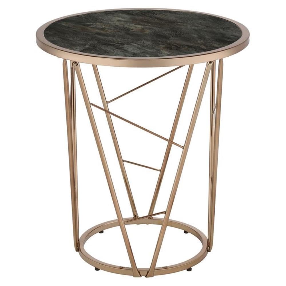 Acme Cicatrix Round Faux Marble Top End Table in Black and Champagne