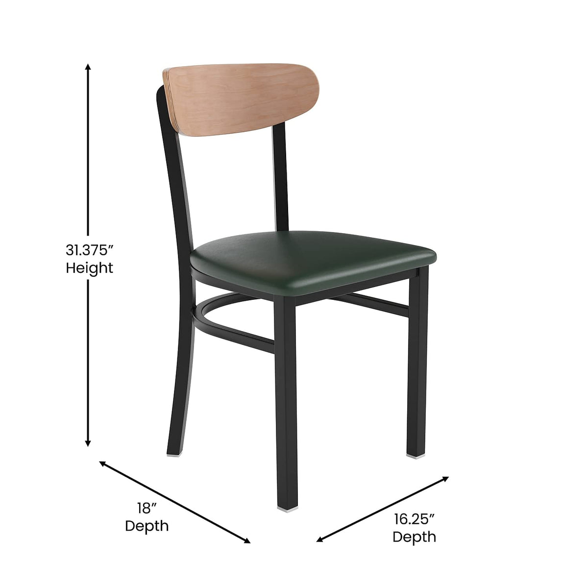 Flash Furniture Wright Commercial Dining Chair 520 LB. Capacity Black Steel Frame-Integrated Footrest, 1 Pack, Natural Birch Wood Back/Green Vinyl Seat
