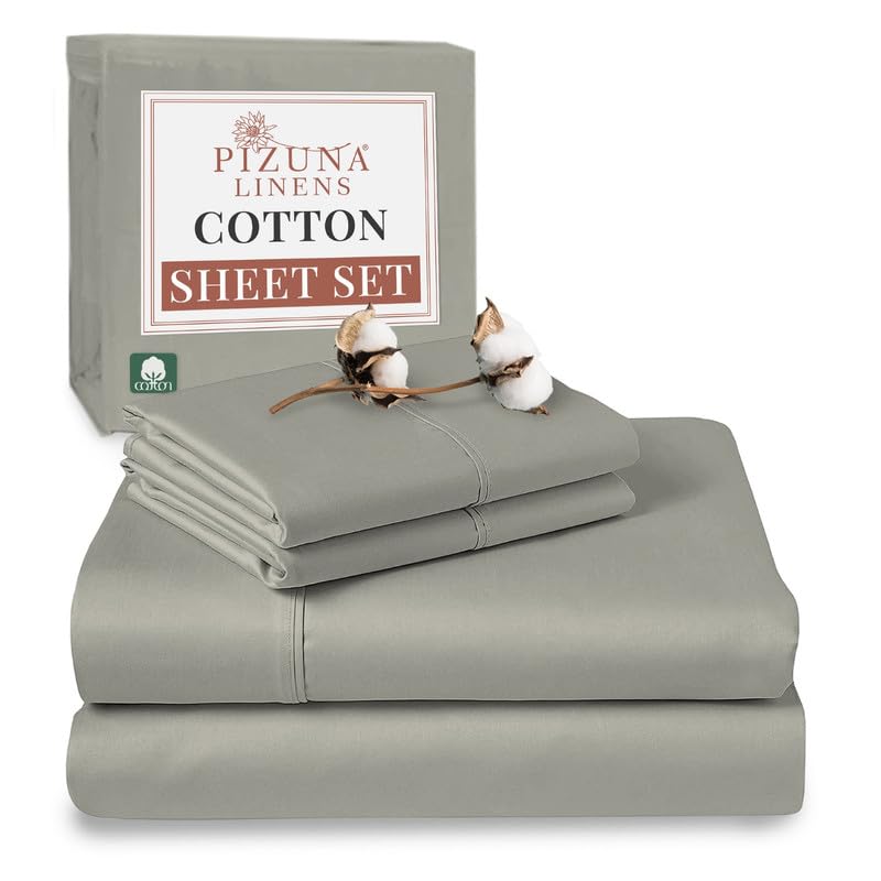 Pizuna Pure 100% Cotton Queen Size Sheet Set Silver, Luxurious 400 Thread Count Long Staple Cotton Sateen Sheets With 15' Deep