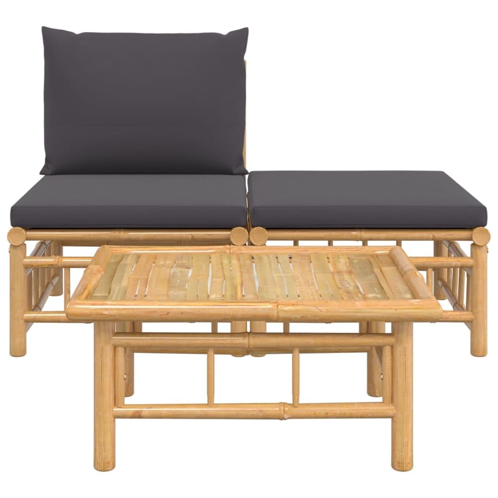 vidaXL Patio Lounge Set – 3 Piece Bamboo Outdoor Furniture Set with Dark Gray Cushions, Flexible Design for Custom Layouts, Durable and Natural Material