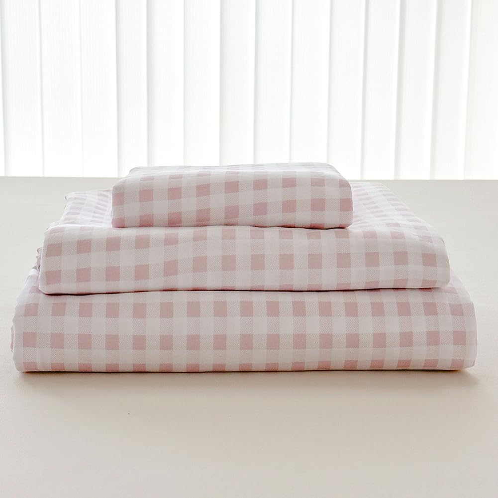 NSNLGSGC Pink Gingham Queen Sheet Set, Soft Brushed Microfiber Plaid Queen Bed Sheets, 4-Pieces Grid Sheet Set with Deep Pocket