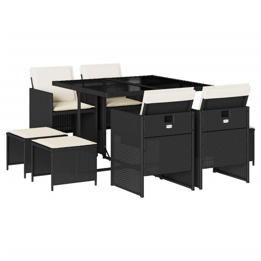 vidaXL 9-Piece Patio Dining Set with Cushions - Black Poly Rattan, Glass Top, Compact Storage, Indoor/Outdoor