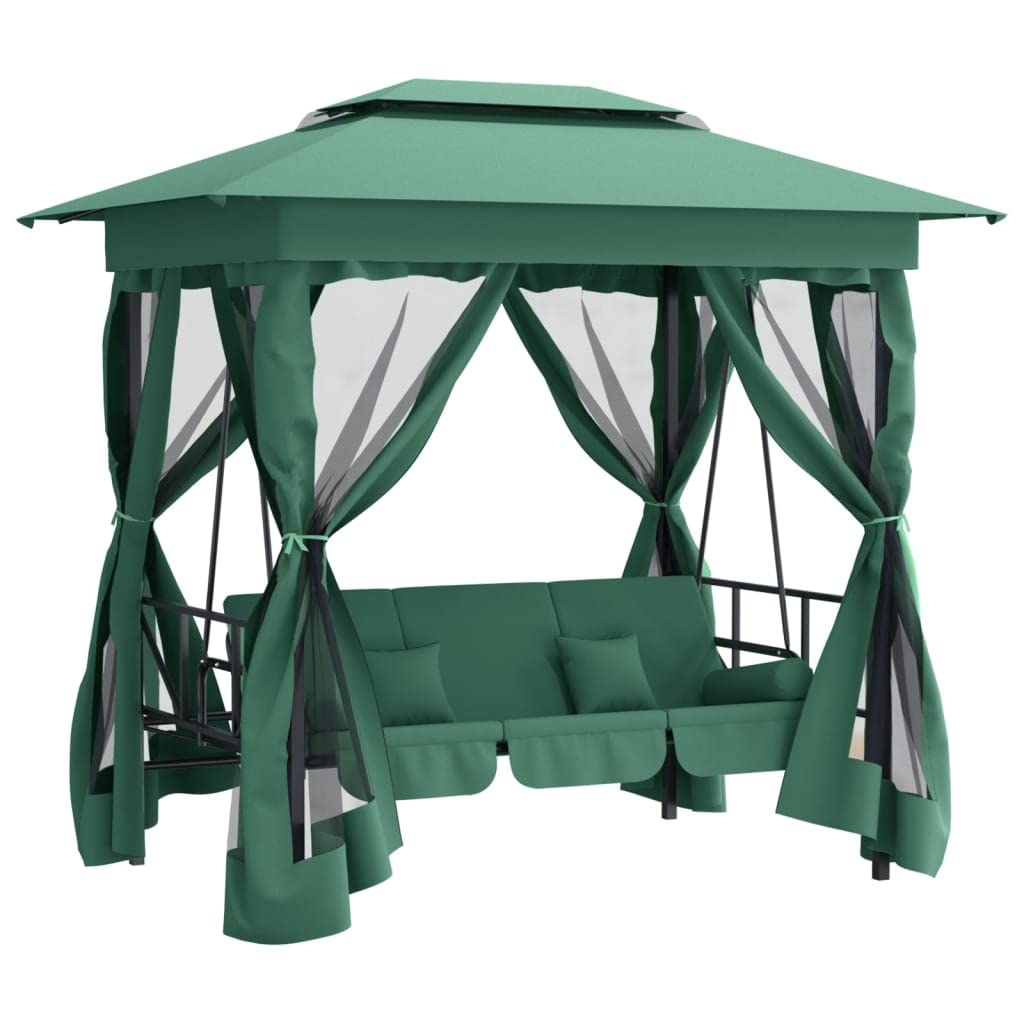 vidaXL Modern Green Steel Gazebo with Convertible Swing Bench, Rectangular, 87.8 x 60.2 cm, 91.7 inches, 48.97 sq.m, 23 People,