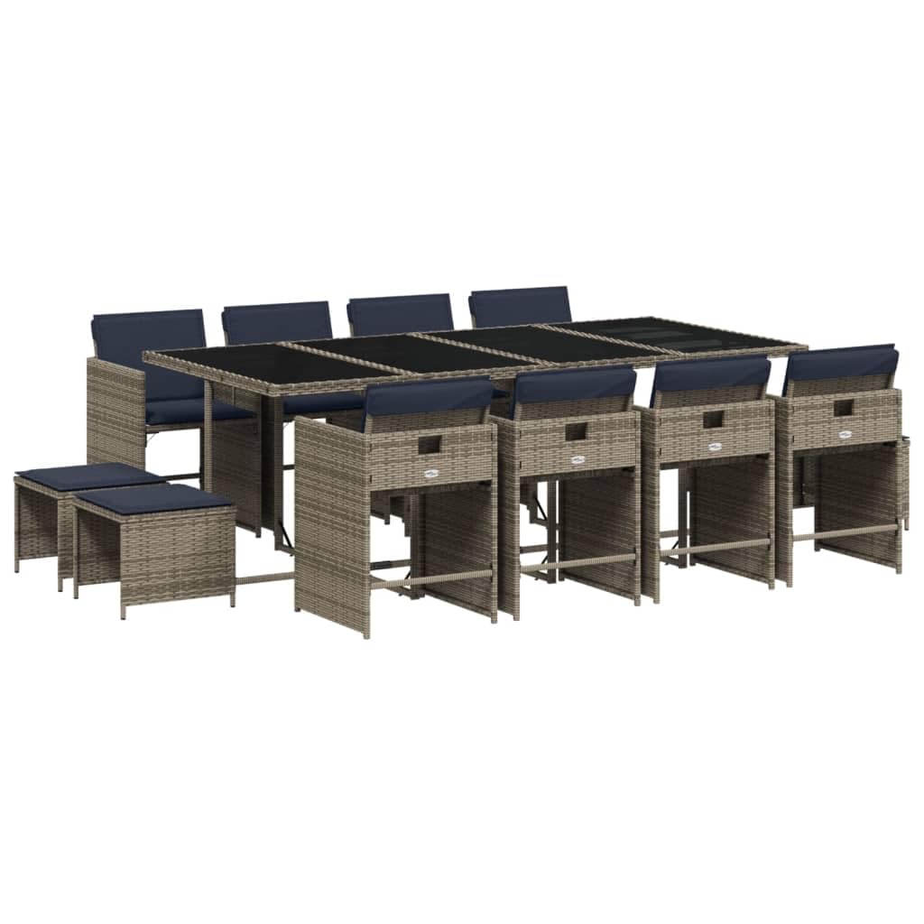 vidaXL Patio Dining Set with Cushions - 13 Piece, Gray Poly Rattan, Space-Saving Design, Weather-Resistant, Tempered Glass Tabletop