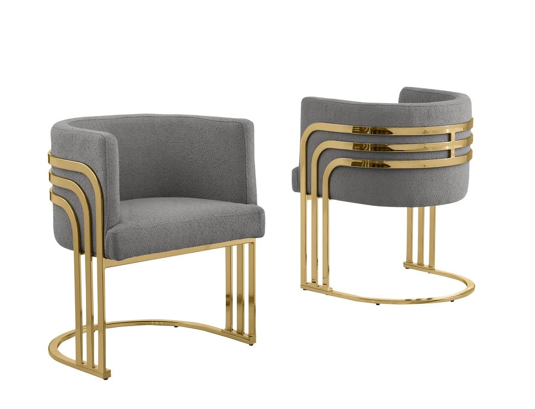 Best Quality Furniture Modern Teddy Fabric Side Chair With Chrome Legs - Dark Gray - Elegant Barrel Design With Gold Frame - Set Of 2 - Perfect For Dining Room Or Living Room