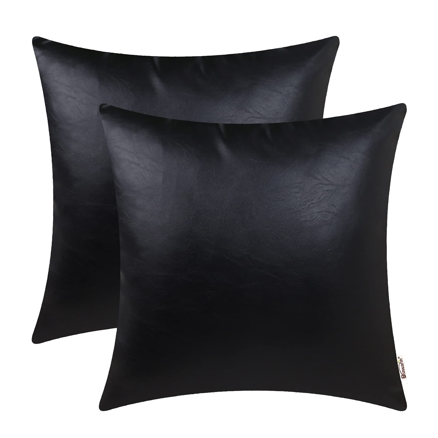Brawarm Faux Leather Throw Pillow Covers 16 X 16 Inches - Black Leather Pilow Covers Pack Of 2, Solid Dyed Leather Pillowcases F