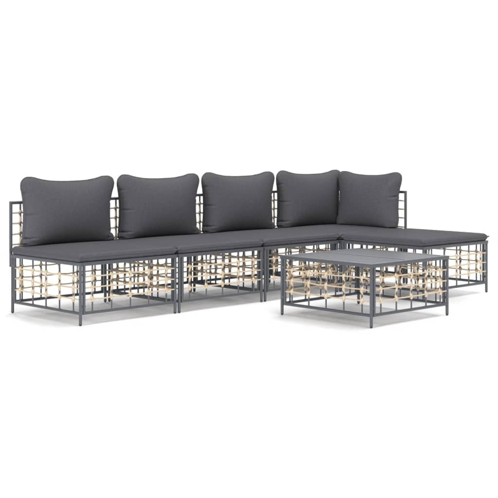 vidaXL 6-Piece Patio Lounge Set with Cushions - Poly Rattan Anthracite with Dark Grey Cushions - Outdoor Sofa with Steel Frame and Table, Ideal for Gardens, Patios and Terraces