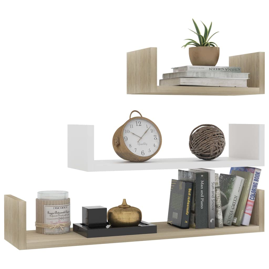 vidaXL Set of 3 Wall Display Shelves - Multicolour White and Sonoma Oak Engineered Wood - Easy Install Durable Floating Shelves for Home Office Decor