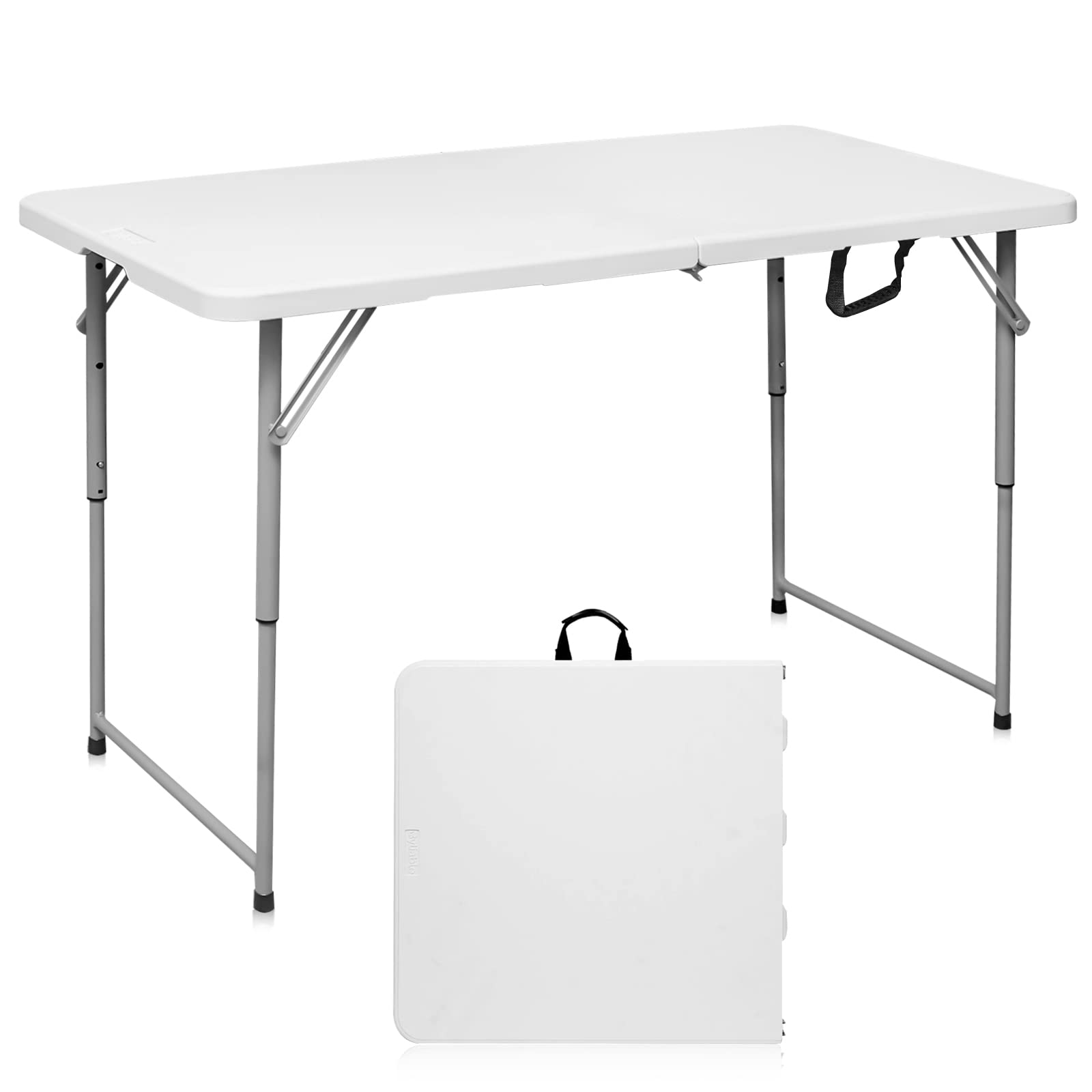 Byliable Folding Table 4 Foot Portable Heavy Duty Plastic Fold-in-Half Utility Table Small Indoor Outdoor Adjustable Height Fold