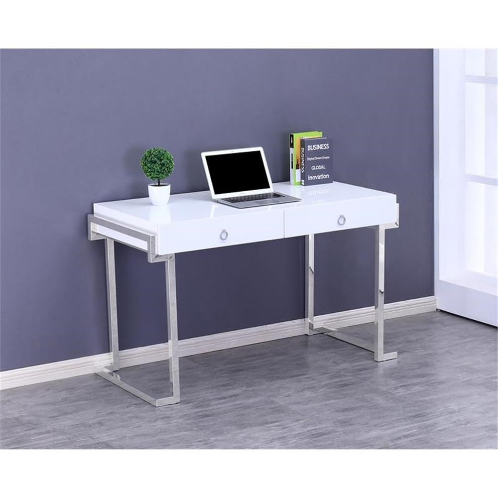 Best Master Furniture White Lacquer 2-Drawer Writing Desk Silver