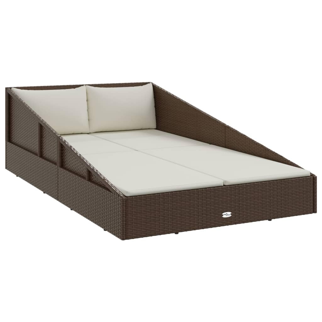vidaXL Poly Rattan Garden Bed  Brown Outdoor Daybed with Cream White Seat Cushions and Pillows, Weather Resistant Material, Sui