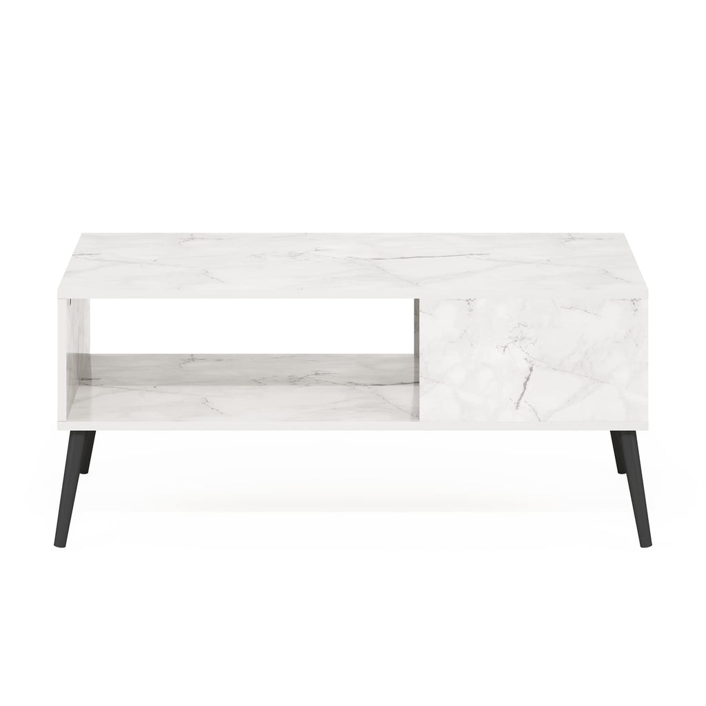 Furinno Claude Mid Century Style Coffee Table With Wood Legs, Marble White