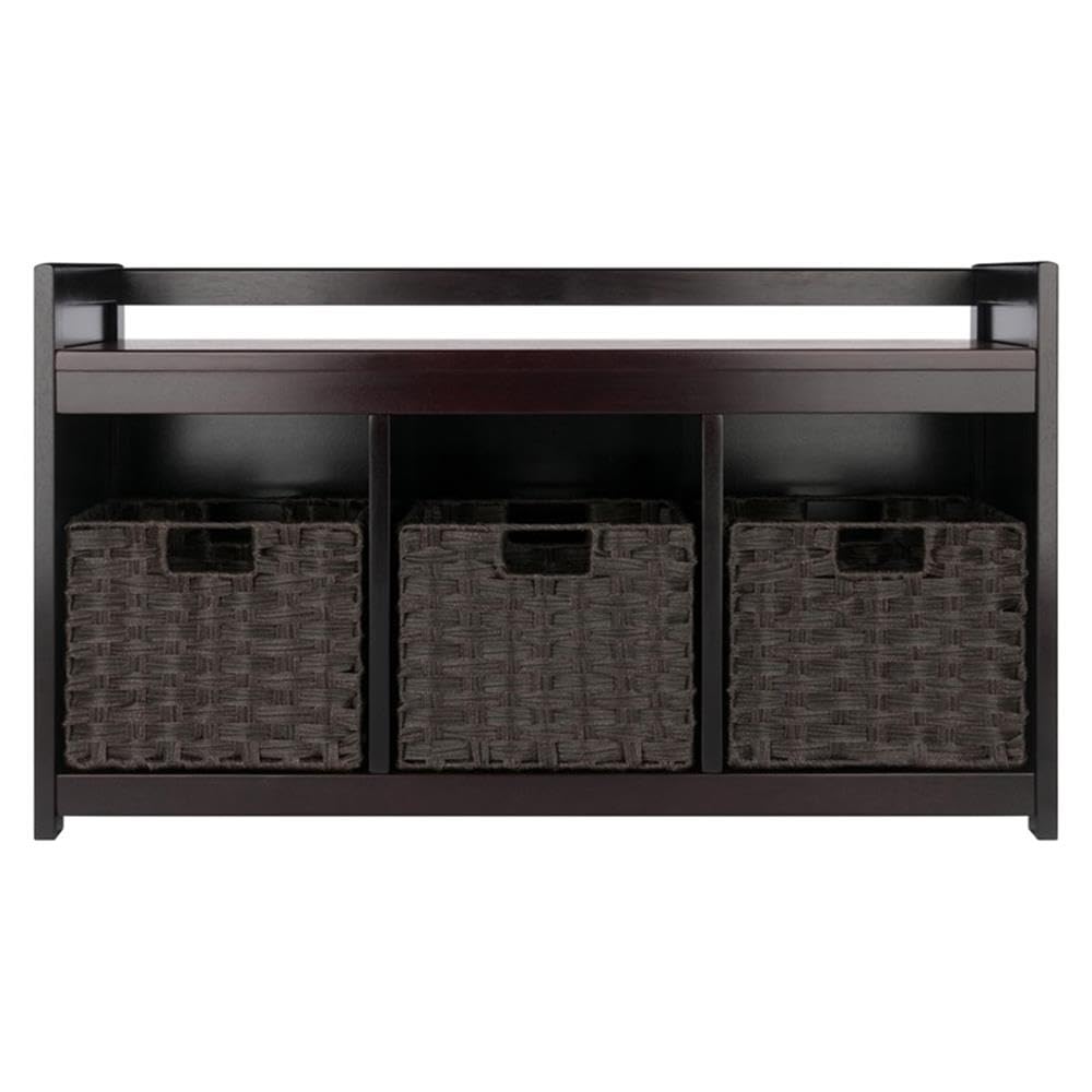 Winsome Wood Addison 4-Pc Storage Bench with 3 Foldable Woven Baskets - Espresso and Chocolate