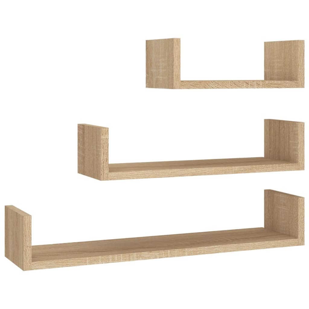 vidaXL - Set of 3 Floating Wall Shelves in Sonoma Oak - Engineered Wood U-Shaped Shelves for Kitchen, Living Room, Office