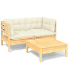 vidaXL Solid Pinewood Patio Lounge Set 3 Piece with Cream Cushions Garden Outdoor Lawn Yard Terrace Balcony Wooden Seat Seating Furniture