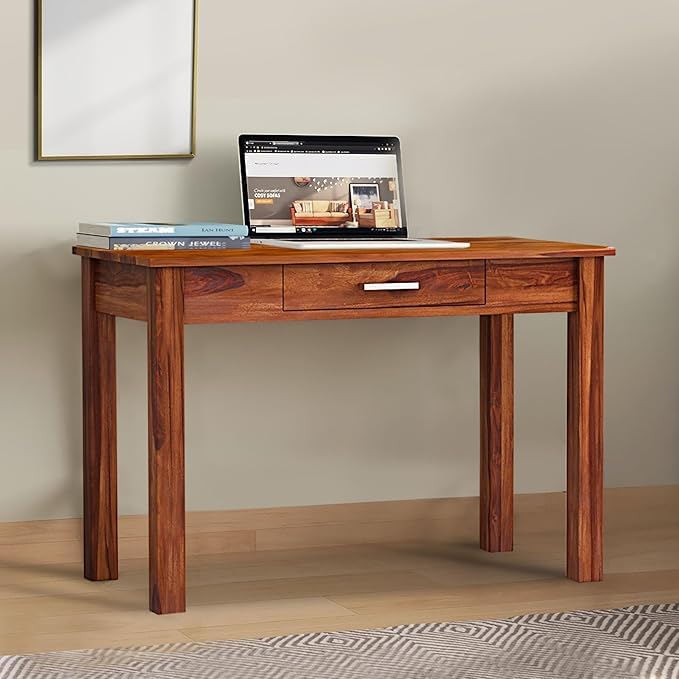 Sattvica Wooden Sheesham Wood Writing Study Desk Computer Table For Home And Office With 1 Drawer (Teak Finish)