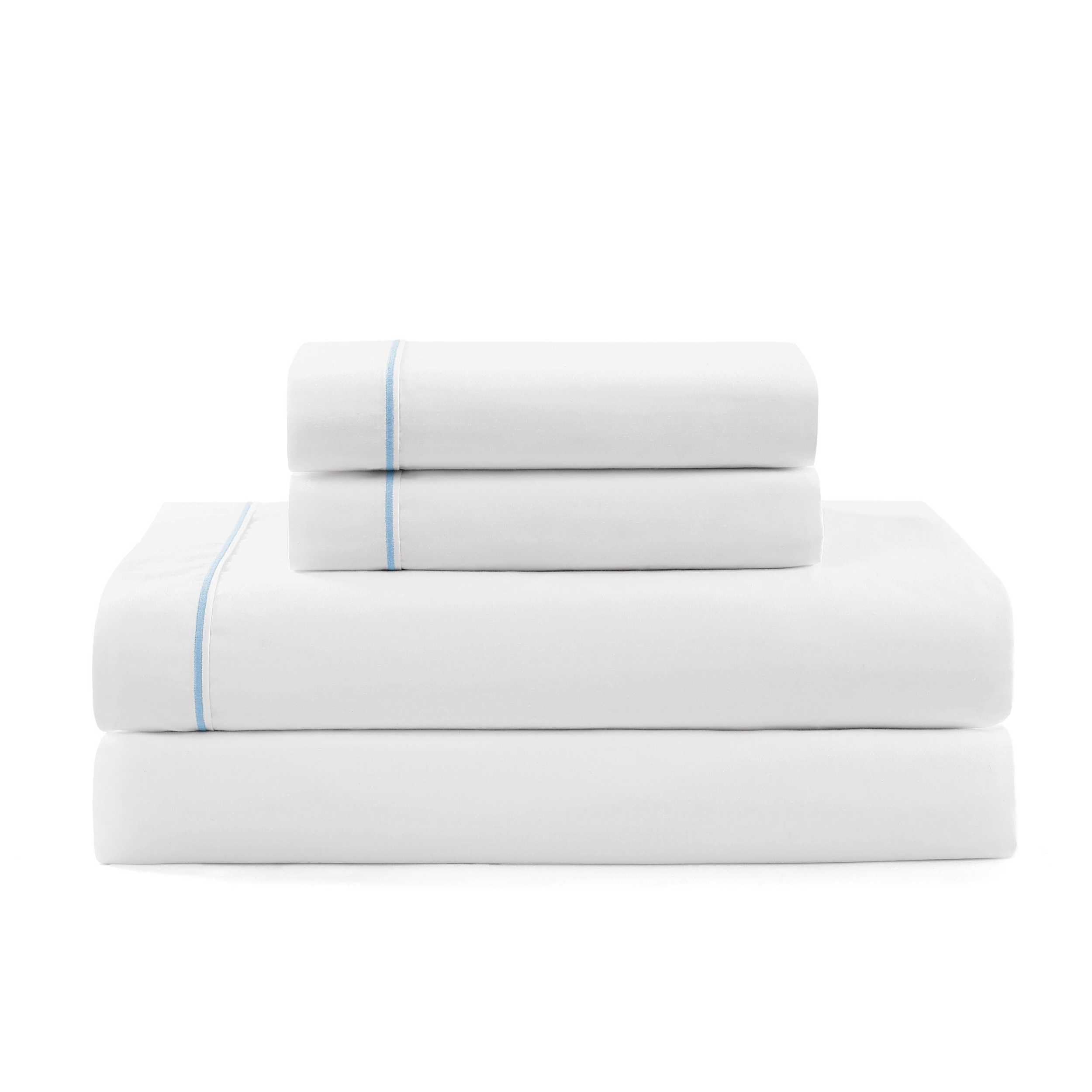 Tommy Hilfiger - Sheet Set, Cotton Percale Bedding with Matching Pillowcase, Crisp & Cool, Solid Design with Hem Stripe (White/B