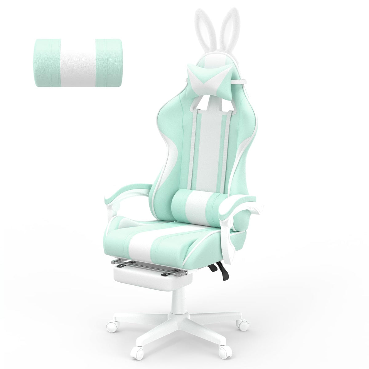 Ferghana Kawaii Light Green Gaming Chair with Bunny Ears, Ergonomic Cute Gamer Chair with Footrest and Massage, Racing Reclining