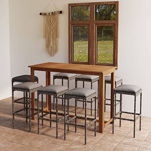 vidaXL Patio Bar Set 9 Piece, Outdoor Bar Table and Stools with Wood Tabletop, Patio Furniture Set with Cushions, Dining Set for Garden, Farmhouse, Gray