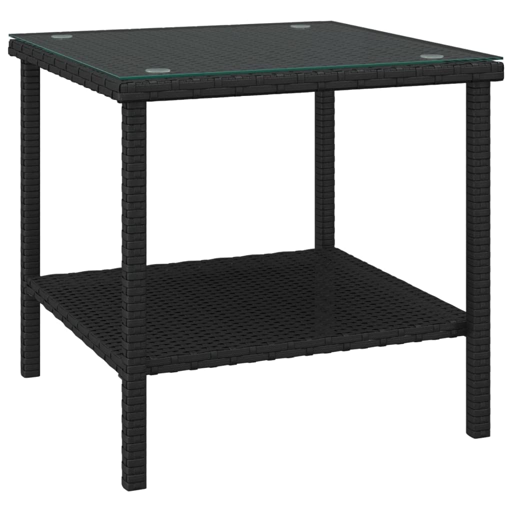 vidaXL Black Poly Rattan Side Table - Tempered Glass Tabletop - Durable Powder-Coated Steel Frame - Additional Storage Shelf - I