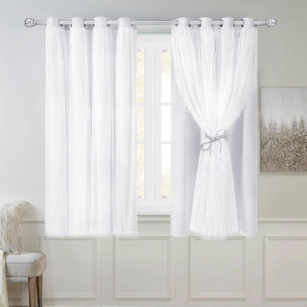 SOFJAGETQ Greyish White Blackout Curtains Set - Double Layers Voile Sheer Light Blocking Draperies with Tie-Backs for Bedroom Wi