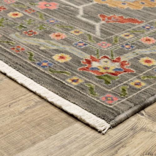 HomeRoots 509308 8 x 11 ft. Gray Blue Pink Orange Rust Red Green & Ivory Oriental Power Loom Stain Resistant Rectangle Area Rug with Fringe