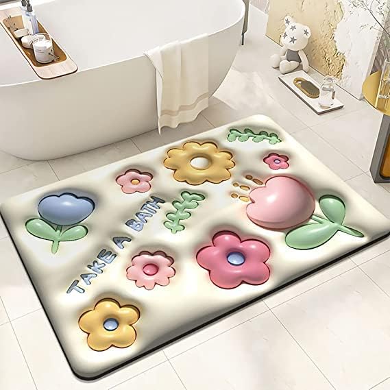Shrux Bath Mat Quick Drying Super Absorbent Shower Mat 3D Visual Expansion Small Flower AntiSlip Floor Mats for Kitchen, Bathro