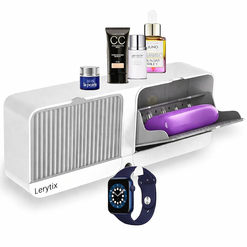 Lerytix WallMounted Storage Organiser, White, With Roller Shutter, Top Shelf And Hook, For Cosmetics And Accessories