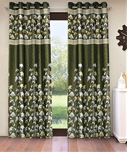 Home Sizzler 2 Piece Flower Border Panel Eyelet Polyester Long Door Curtains  9 Feet, Green
