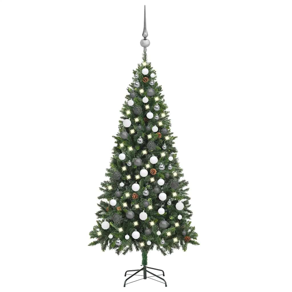 Vidaxl Artificial Prelit Christmas Tree  Pine Tree Design With Led Lights  70.9 Inch  Tall  Includes Pine Cones & Ball Set, Green