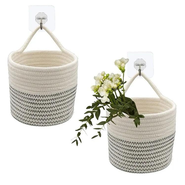 LEAZZOTE Jute Storage Basket Woven Cotton Rope, 5x5 Inch Round, Natural Finish, Office,Kitchen,Bathroom Home Decoration (WHITE,