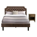 East West Furniture GB25Q-1GA07 2-Piece Granbury Wooden Set for Bedroom with Button Tufted Modern Bed and 1 Distressed Jacobean Night Stand - Dark Brown faux Leather with Black Texture and Black Legs