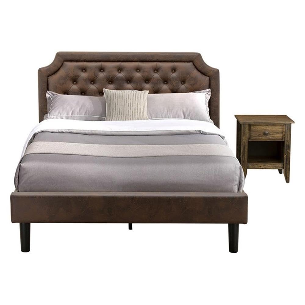 East West Furniture GB25Q-1GA07 2-Piece Granbury Wooden Set for Bedroom with Button Tufted Modern Bed and 1 Distressed Jacobean Night Stand - Dark Brown faux Leather with Black Texture and Black Legs