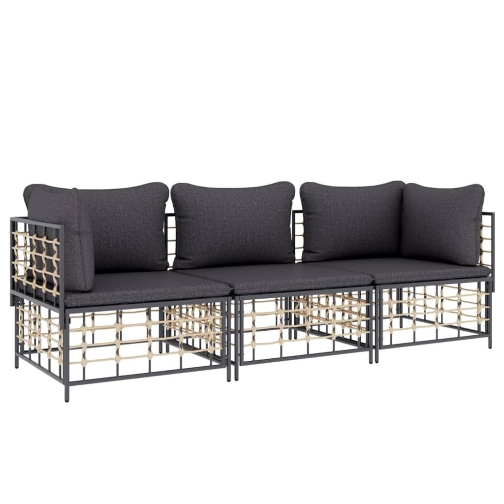 vidaXL 3 Piece Patio Lounge Set - Comfortable Anthracite Poly Rattan Furniture with Cushions, Modular Design for Garden Terrace 