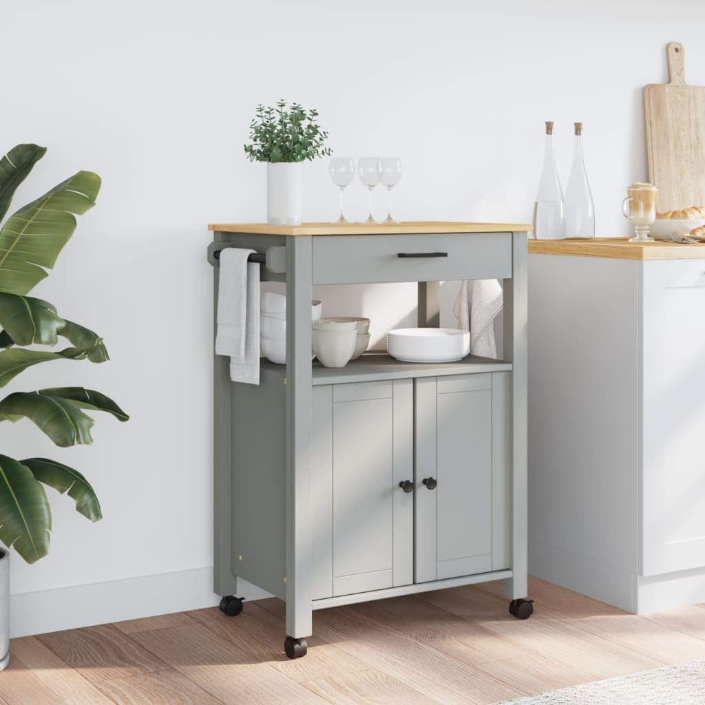 vidaXL Kitchen Trolley Rolling Cart - Solid Pine Wood with Drawer, 2 Doors, Wheels, Gray/Honey Wax, 23.6"x15.7"x35.4"