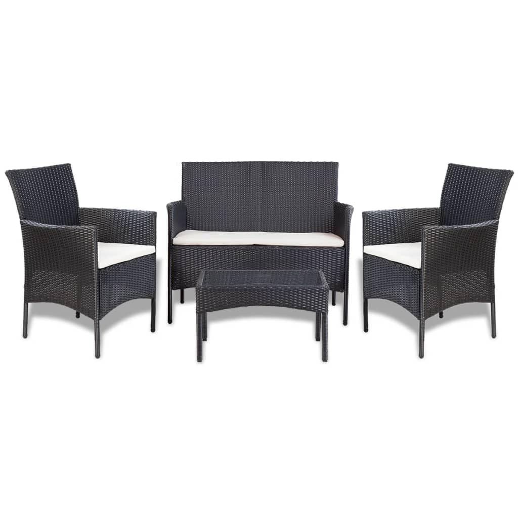 vidaXL Black Poly Rattan 4-Piece Patio Lounge Set with Cream White Cushions and Coffee Table - Weather-Resistant Outdoor Furniture Set