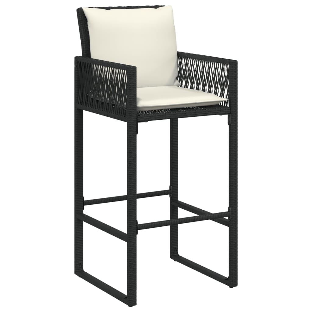 vidaXL Patio Bar Stools with Cushions - Black Poly Rattan - Outdoor Furniture - Set of 2 - Includes Armrests & Backrest - Removable & Washable Covers - Steel Frame - for Garden/Patio/Deck