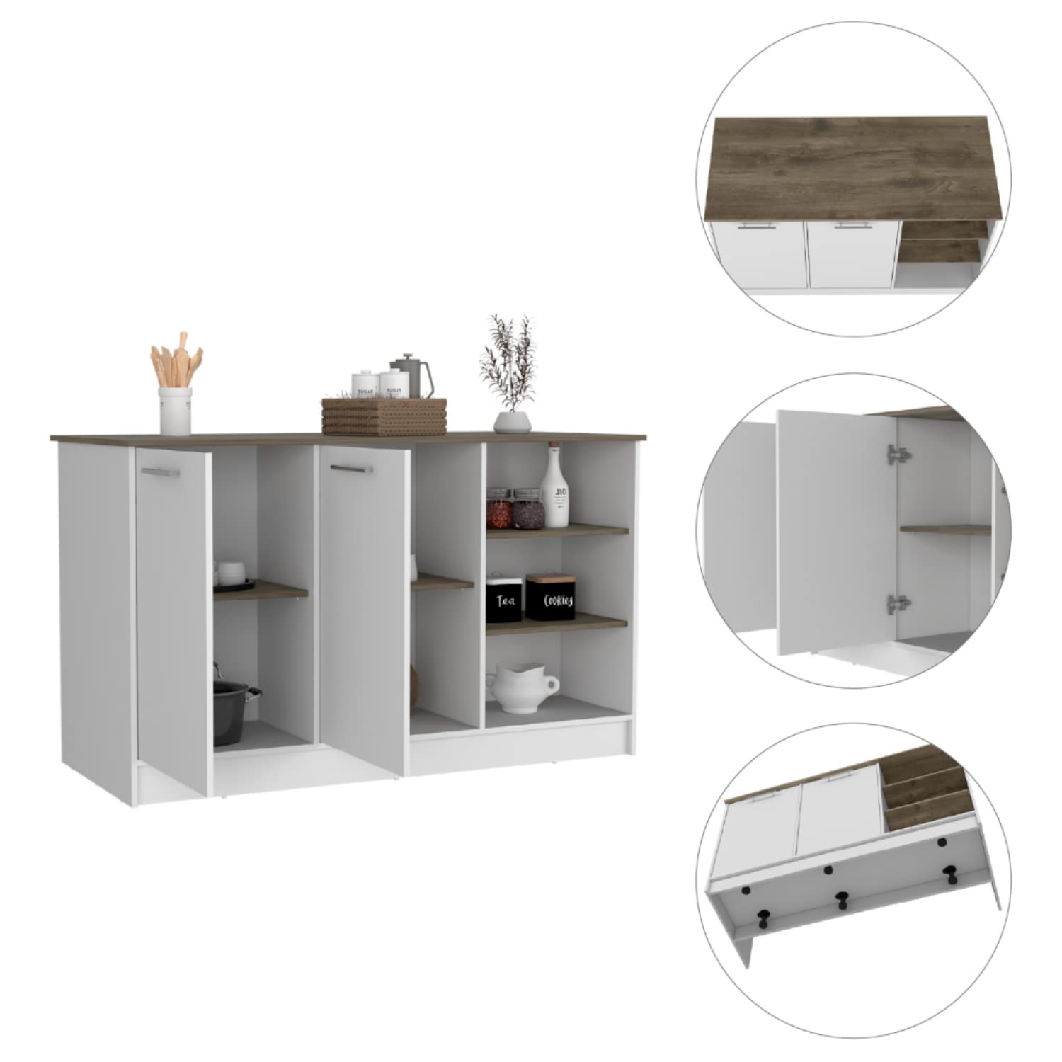 DEPOT E-SHOP Mars Kitchen Island with Two Cabinets and Three Open Shelves, White/Dark Brown - Kitchen