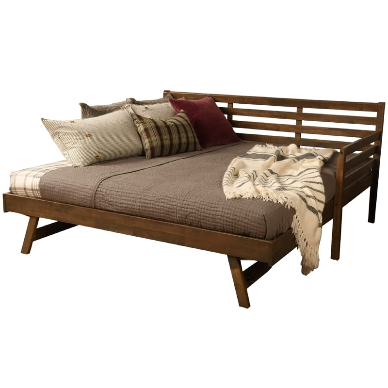 Kodiak Furniture Twin to King Size Daybed with Pop Up Trundle in Wood in Rustic Walnut, No Box Spring Needed, Easy Assembly, Up to 500 lbs Weight Capacity